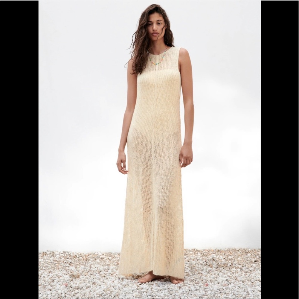 Zara 2 Piece Cream Metallic Thread Maxi Sleeveless knit Dress W/ Bodysuit